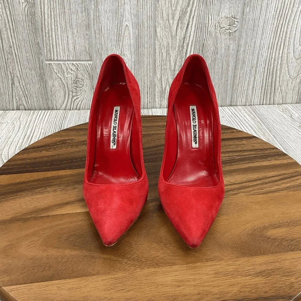 Manolo Blahnik BB 105 Red Suede Shoes Pumps Heels Pointed Toe